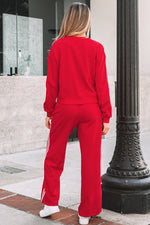 Load image into Gallery viewer, Fiery Red Varsity Striped Detail Crewneck Pullover Elastic Sweatpants 2pcs Outfit
