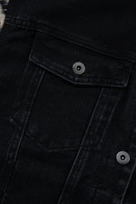 Load image into Gallery viewer, Black Plaid Sleeve Frayed Hem Hooded Denim Jacket

