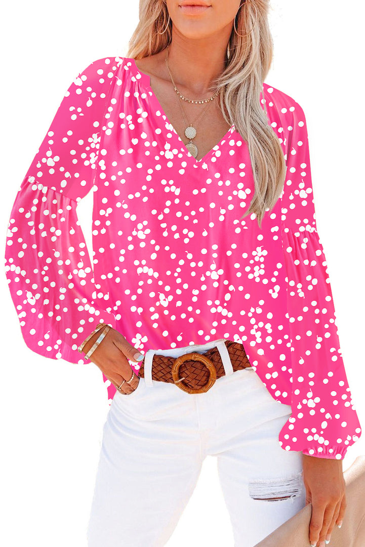 Fiery Red White Floral Print V Neck Long Puff Sleeve Top - Fashion Queen -  15