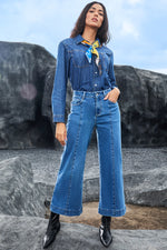 Load image into Gallery viewer, Dark Blue Plain Seam Detail Flared Bottom Ankle Length Jeans - Fashion Queen -  17
