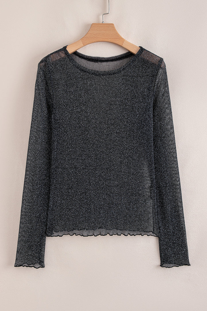 Black Metallic Glitter Mesh Long Sleeve Top - Fashion Queen -  4