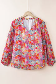 Fiery Red White Floral Print V Neck Long Puff Sleeve Top - Fashion Queen -  2