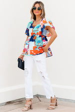 Load image into Gallery viewer, Sky Blue Tropical Printed Square Neck Flutter Sleeve Babydoll Blouse
