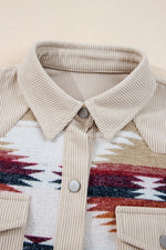 Load image into Gallery viewer, Multicolour Western Aztec Striped Patchwork Double Flap Pocket Raw Hem Shacket
