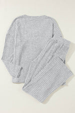 Load image into Gallery viewer, Black Ribbed Knit V Neck Slouchy Two-piece Outfit - Fashion Queen
