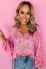 Load image into Gallery viewer, Pink Floral Puff Sleeve Split Neck Lightweight Blouse - Fashion Queen -  3
