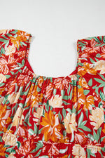 Load image into Gallery viewer, Orange Floral V Neck Flutter Sleeve Cinched Waist Long Plus Size Dress
