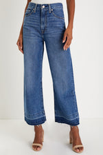 Load image into Gallery viewer, Real Teal Raw Hem Straight Leg Loose High Waist Jeans
