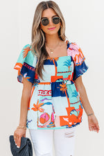 Load image into Gallery viewer, Sky Blue Tropical Printed Square Neck Flutter Sleeve Babydoll Blouse
