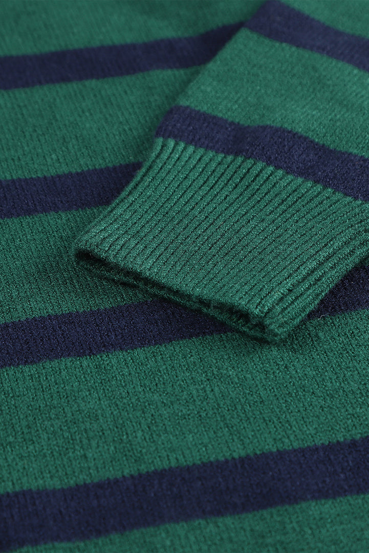 Blue Striped O-ring Zip Collared Loose Sweater Mini Dress
