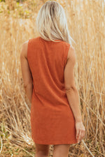 Load image into Gallery viewer, Gold Flame Corduroy Western Embroidered Patched Pocket Shift Sleeveless Mini Dress

