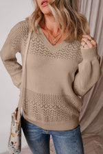 Load image into Gallery viewer, Black Eyelet Pattern Detail V Neck Drop Shoulder Sweater - Fashion Queen
