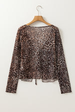 Load image into Gallery viewer, Multicolour Leopard Sheer Mesh Long Sleeve V Neck Lace-up Blouse - Fashion Queen -  9
