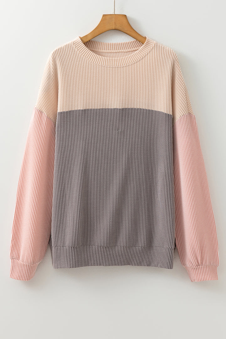 Multicolor Color Block Long Sleeve Ribbed Loose Top