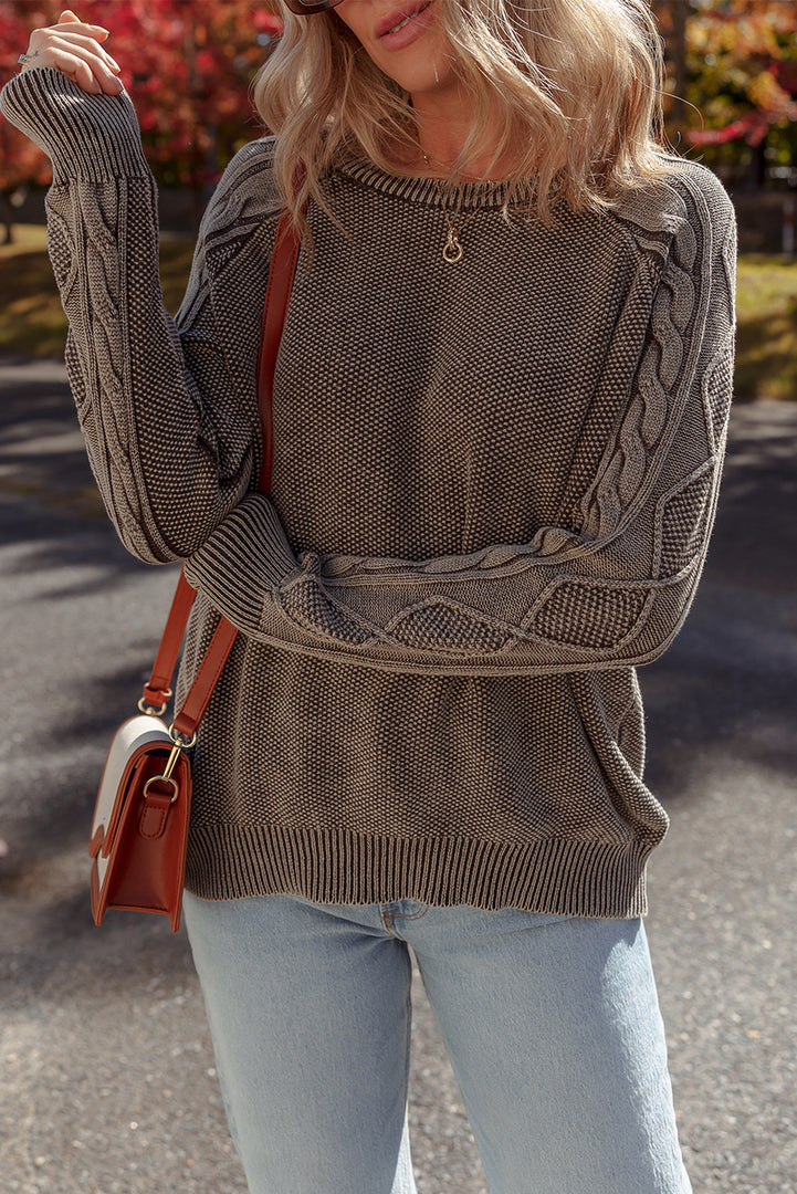 Dark Brown Contrast Cable Knit Sleeve Casual Sweater - Fashion Queen -  4