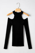 Load image into Gallery viewer, Black Ribbed Knit Cold Shoulder Choker Neck Sweater - Fashion Queen -  5
