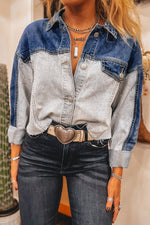 Load image into Gallery viewer, Dusk Blue Color Block Patchwork Flap Detail Distress Denim Jacket - Fashion Queen -  1
