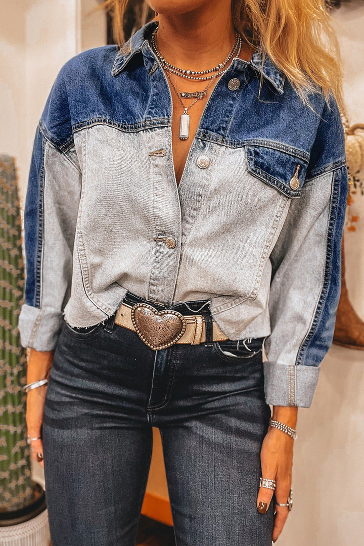 Dusk Blue Color Block Patchwork Flap Detail Distress Denim Jacket - Fashion Queen -  1