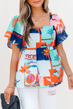 Load image into Gallery viewer, Sky Blue Tropical Printed Square Neck Flutter Sleeve Babydoll Blouse
