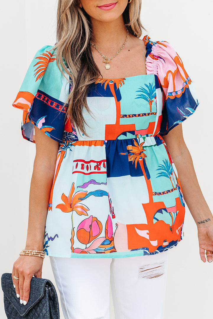 Sky Blue Tropical Printed Square Neck Flutter Sleeve Babydoll Blouse