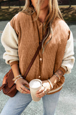 Load image into Gallery viewer, Mist Green Corduroy Fleece Patchwork Buttoned Bomber Jacket
