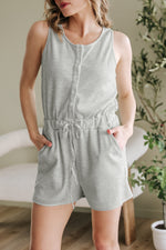 Load image into Gallery viewer, Light Grey Waffle Knit Sleeveless Buttoned Front Drawstring Waist Romper
