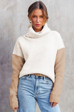 Load image into Gallery viewer, White Color Block Turtle Neck Drop Shoulder Knit Sweater
