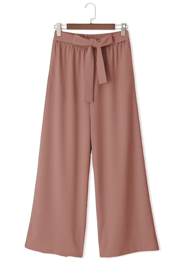 Coffee High Waisted Tie Front Side Pocket Wide Leg Flowy Casual Pants