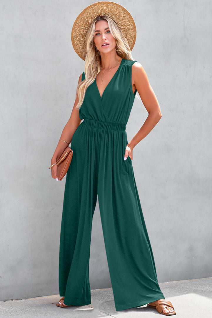 Blackish Green Deep V Pleated Crisscross Wide Leg Backless Jumpsuit