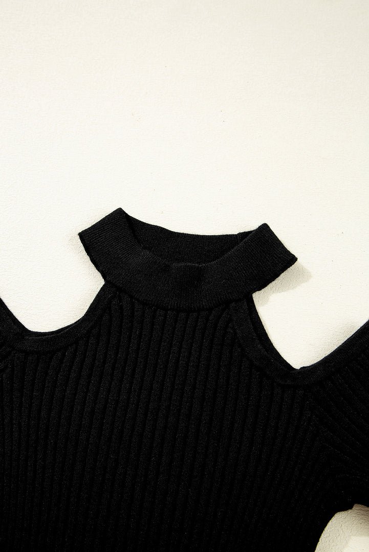 Black Ribbed Knit Cold Shoulder Choker Neck Sweater - Fashion Queen -  9