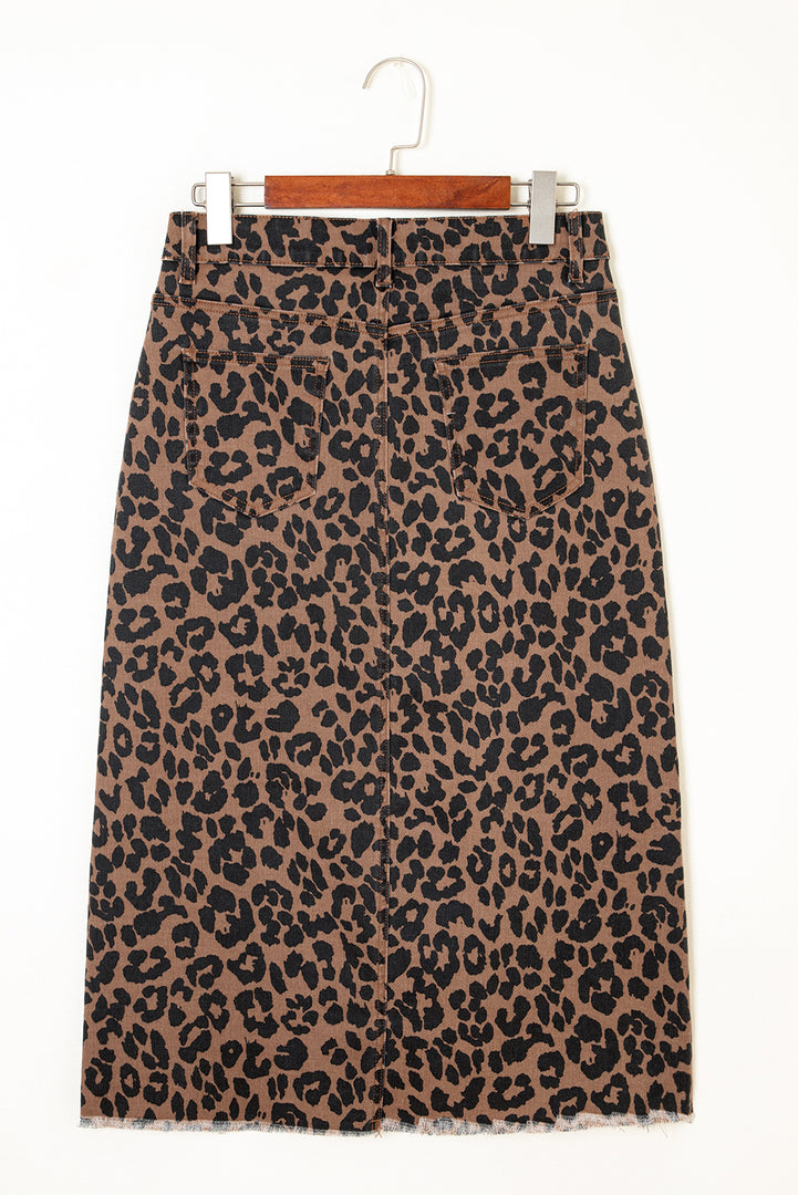 Brown Leopard Denim Frayed Split Denim Midi Skirt - Fashion Queen -  4