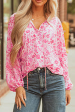 Load image into Gallery viewer, Pink Floral Puff Sleeve Split Neck Lightweight Blouse
