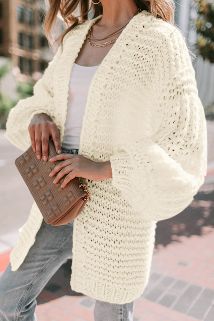 White Chunky Oversize Knit Drop Shoulder Puff Sleeve Cardigan