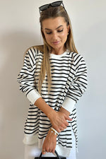Load image into Gallery viewer, Black Stripe Raglan Sleeve Side Slits Loose Sweatshirt
