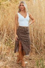 Load image into Gallery viewer, Brown Leopard Denim Frayed Split Denim Midi Skirt

