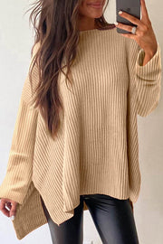 Apricot Cable Knit Drop Shoulder Side Slits Loose Sweater - Fashion Queen -  1