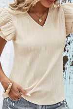 Load image into Gallery viewer, Apricot Crinkle Textured V Neck Flutter Sleeve Top - Fashion Queen -  3
