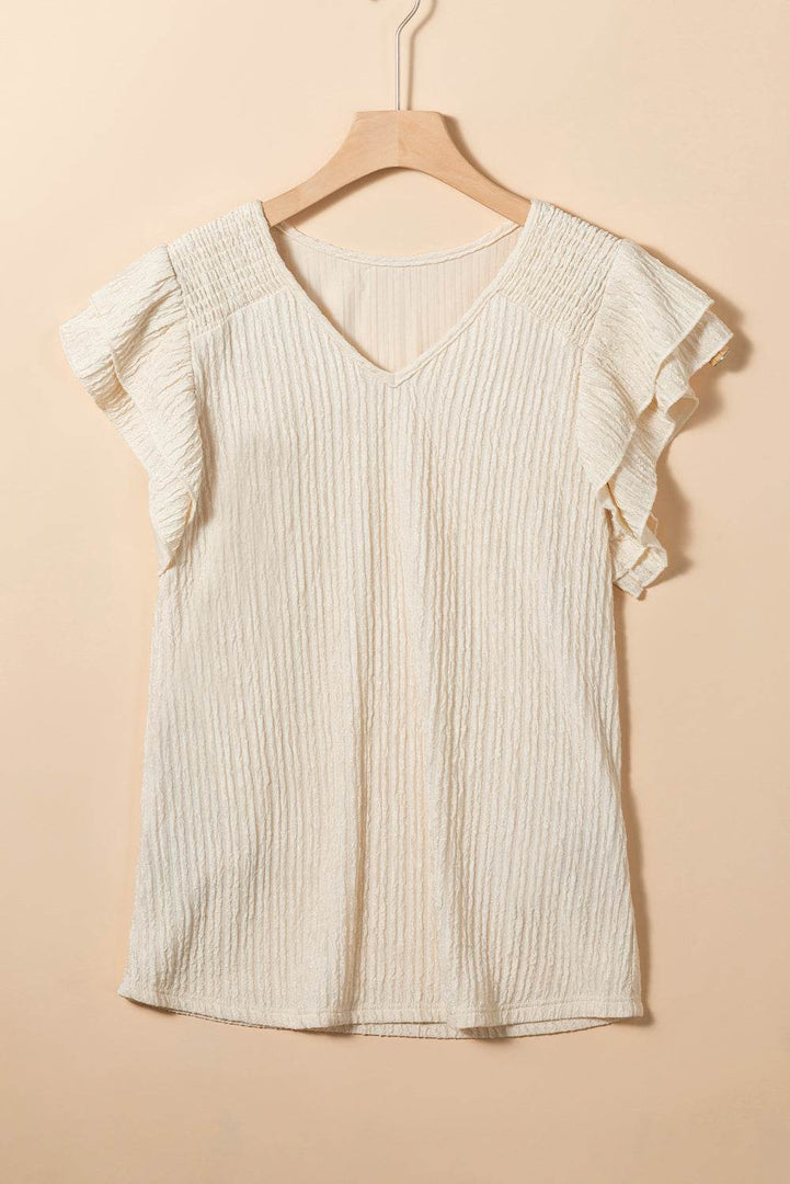 Apricot Crinkle Textured V Neck Flutter Sleeve Top - Fashion Queen -  4