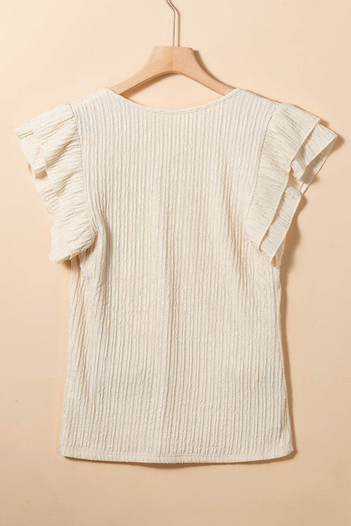 Apricot Crinkle Textured V Neck Flutter Sleeve Top - Fashion Queen -  5
