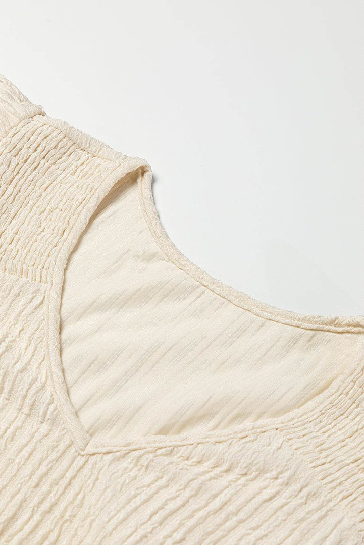 Apricot Crinkle Textured V Neck Flutter Sleeve Top - Fashion Queen -  6