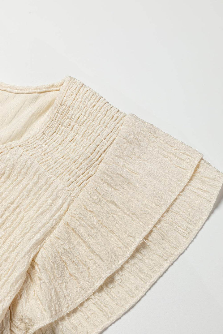 Apricot Crinkle Textured V Neck Flutter Sleeve Top - Fashion Queen -  7