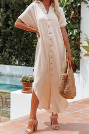 Apricot Crinkled Buttons Maxi Beach Dress with Slits - Fashion Queen -  1