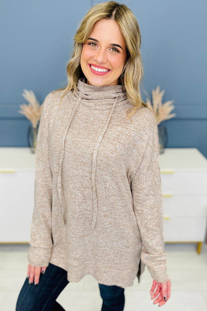 Apricot Drawstring Cowl High Neck Long Sleeve Split Top - Fashion Queen -  3
