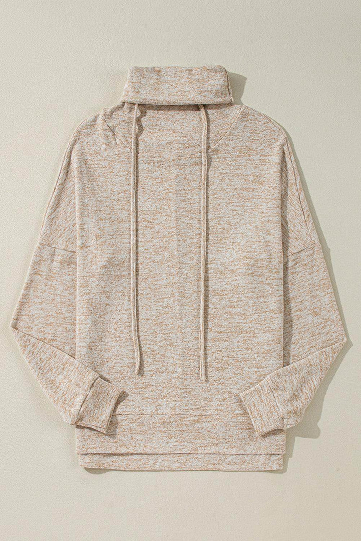 Apricot Drawstring Cowl High Neck Long Sleeve Split Top - Fashion Queen -  4