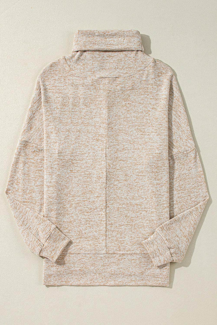 Apricot Drawstring Cowl High Neck Long Sleeve Split Top - Fashion Queen -  5