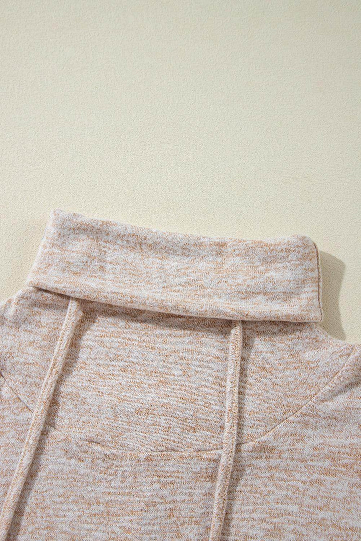 Apricot Drawstring Cowl High Neck Long Sleeve Split Top - Fashion Queen -  7
