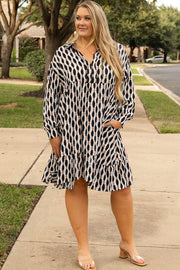 Apricot Geometric Print Collared V Neck Plus Size Mini Dress - Fashion Queen -  1