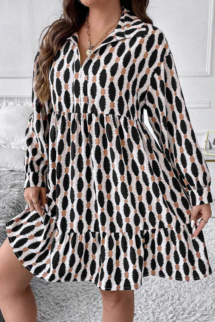 Apricot Geometric Print Collared V Neck Plus Size Mini Dress - Fashion Queen -  10