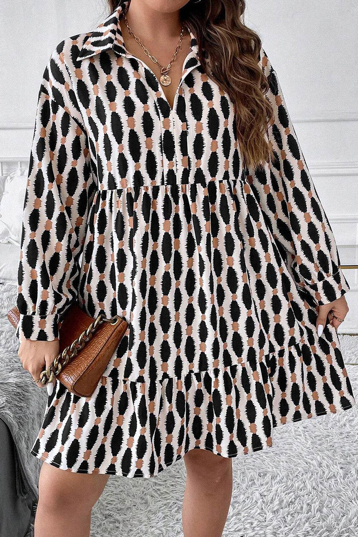 Apricot Geometric Print Collared V Neck Plus Size Mini Dress - Fashion Queen -  11