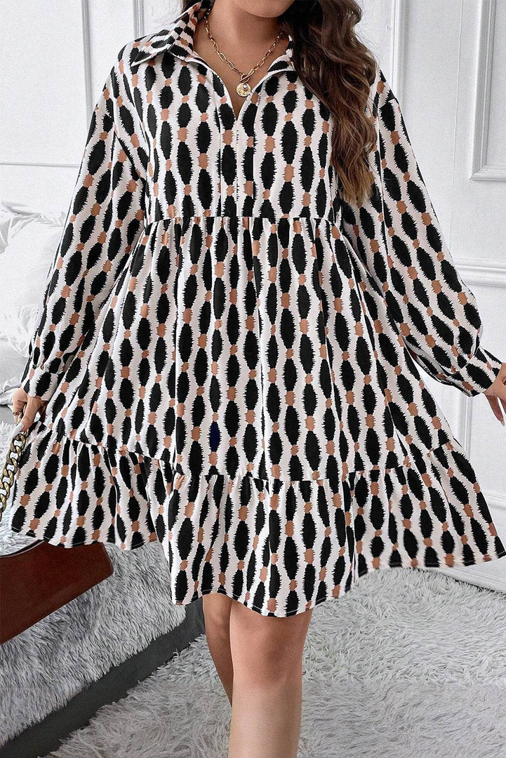 Apricot Geometric Print Collared V Neck Plus Size Mini Dress - Fashion Queen -  12